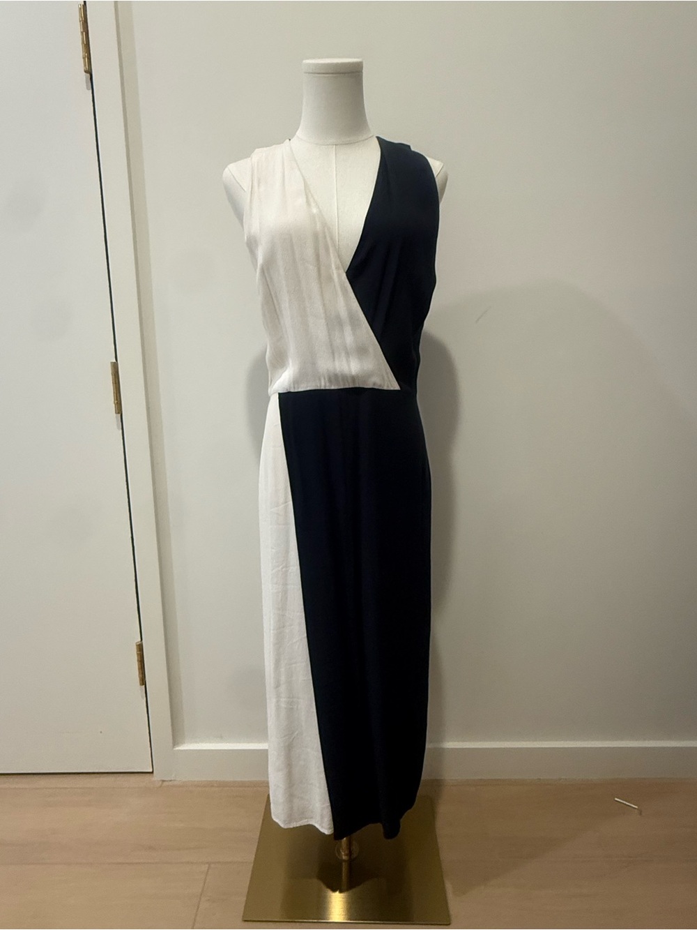 Equipment Black and White Sleeveless Wrap Midi Dress